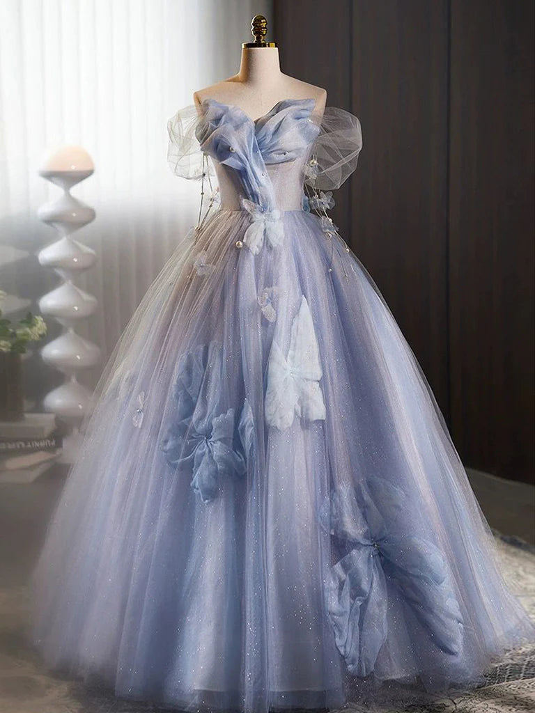 Discount Days Glitter A-Line Off Shoulder Tulle Flower Quinceanera Dress Blue Long Prom Dress