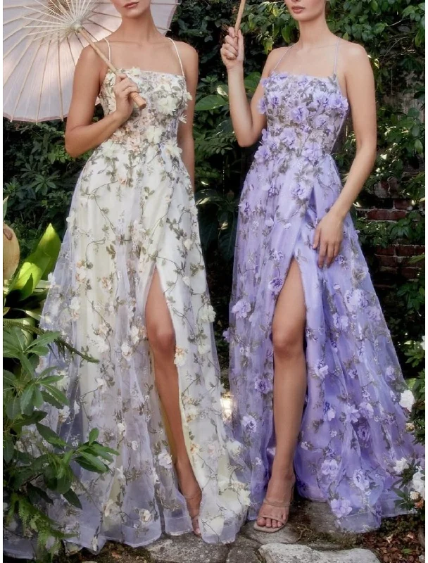 Limited Availability Sheath / Column Prom Dresses Floral Dress Wedding Guest Wedding Party Court Train Sleeveless Spaghetti Strap Lace Backless with Slit Appliques