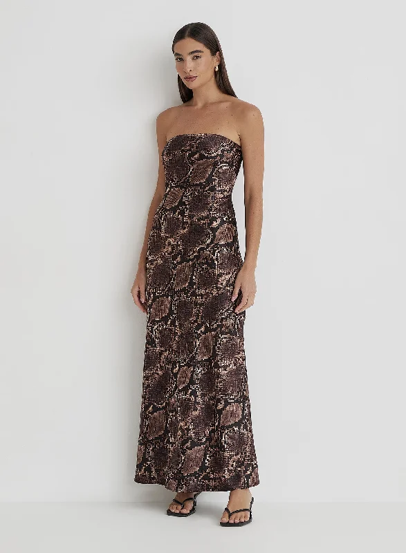 Price Drop Snake Print Bandeau Satin Maxi Dress- Shona