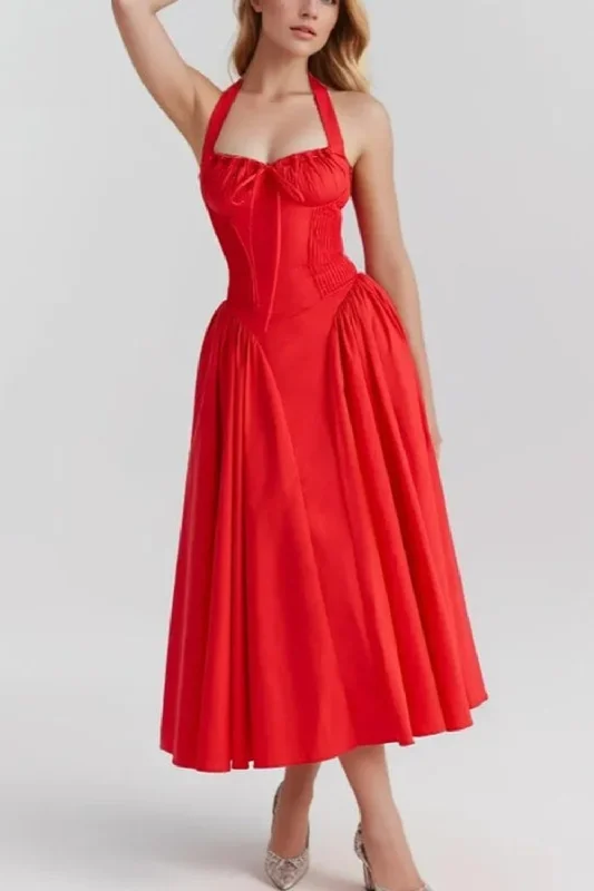 Big Discounts Red Corset Style Bow Halter Dress Spliced Lace Drawstring Rope Chest Pleated Slim Low Waist Folded Swing Midi Robe Big Discounts Red Corset Style Bow Halter Dress Spliced Lace Drawstring Rope Chest Pleated Slim Low Waist Folded Swing Midi Robe