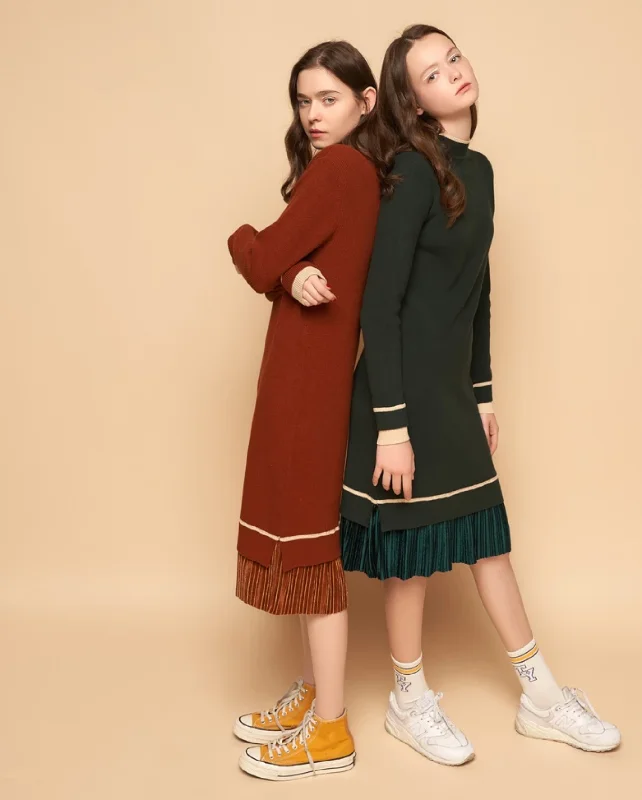 Special Promotion Women's Autumn Knitted O-Neck Long-Sleeved Midi Dress