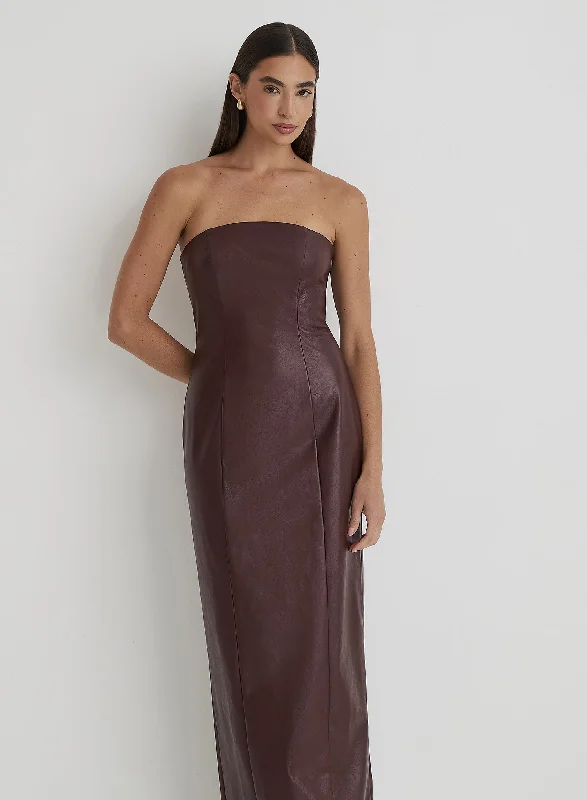 Special Savings Burgundy Faux Leather Bandeau Maxi Dress- Karina