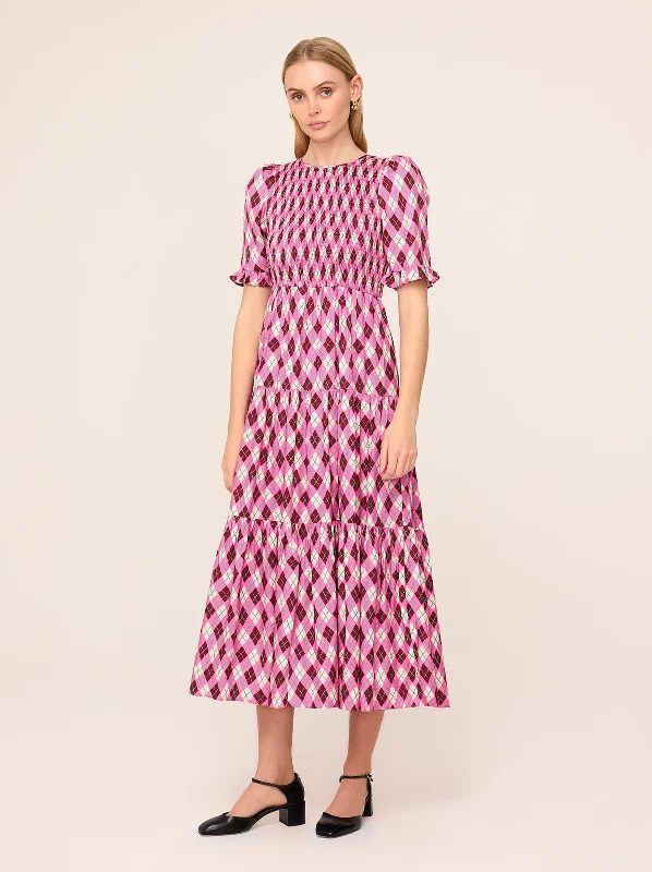 Price Drop Gracie Pink Argyle Print Shirred Dress