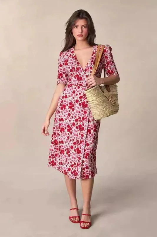 Act Fast Women Spring Summer Style Floral V-neck Lace-up Dress