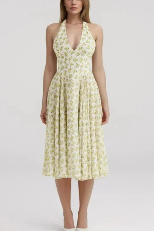 Savings Galore Flower Bow Halter Sling Midi Dress Women Low Waist Pleated Swing Backless Party Robe Savings Galore Flower Bow Halter Sling Midi Dress Women Low Waist Pleated Swing Backless Party Robe