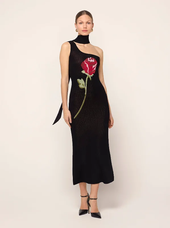 Buy More, Save More Chloe Black Rose One Shoulder Knit Dress