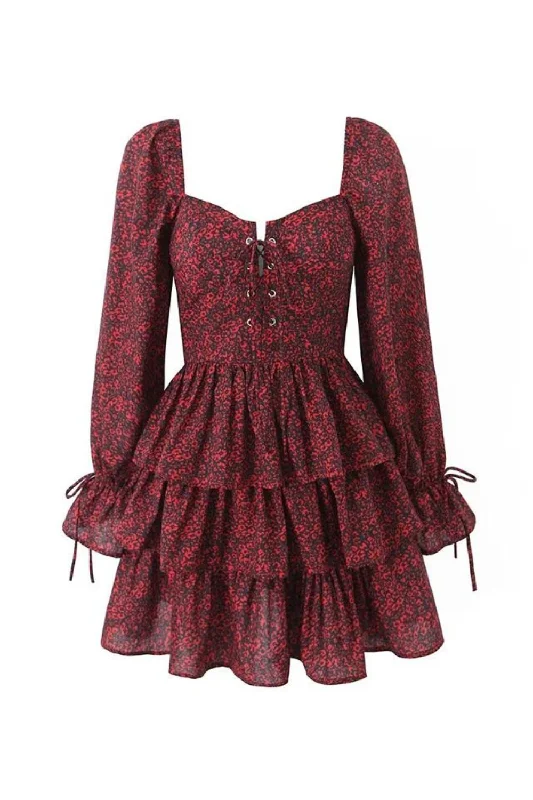 Big Discounts Women Front Red Floral Dress Vintage Puff Sleeve Layered Ruffle Hem Cake Mini Dress Holiday Big Discounts Women Front Red Floral Dress Vintage Puff Sleeve Layered Ruffle Hem Cake Mini Dress Holiday