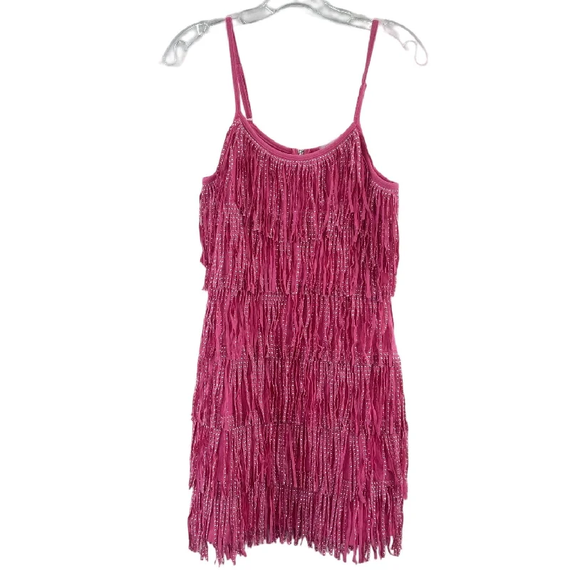 Limited Time Discount Pink Lily Hot Pink Studded Fringed Spaghetti Strap Mini Dress Poly Blend Women S