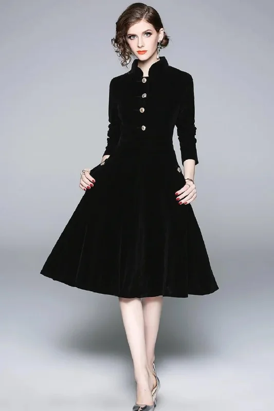 Weekend Deal Women Autumn & Winter Elegant Velvet Dress Vintage Party Robe Designer Black