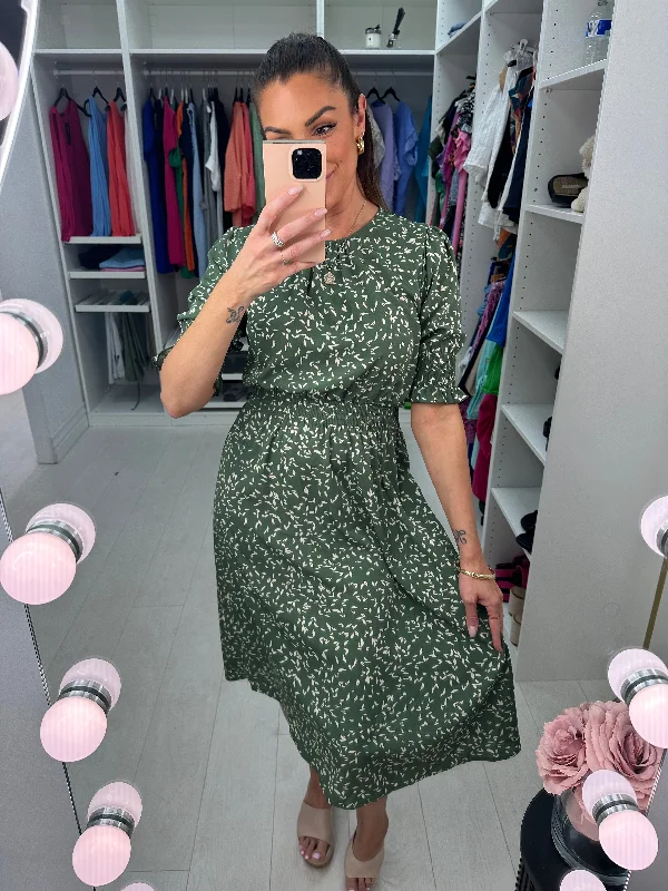 Savings Spectacular Filly Khaki Leaf Print Midi Dress