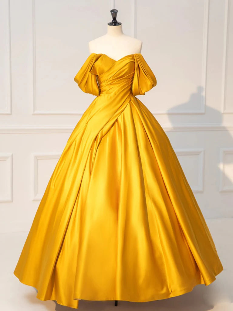 Online Exclusive Yellow Off Shoulder Satin Long Prom Dress Quinceanera Dress