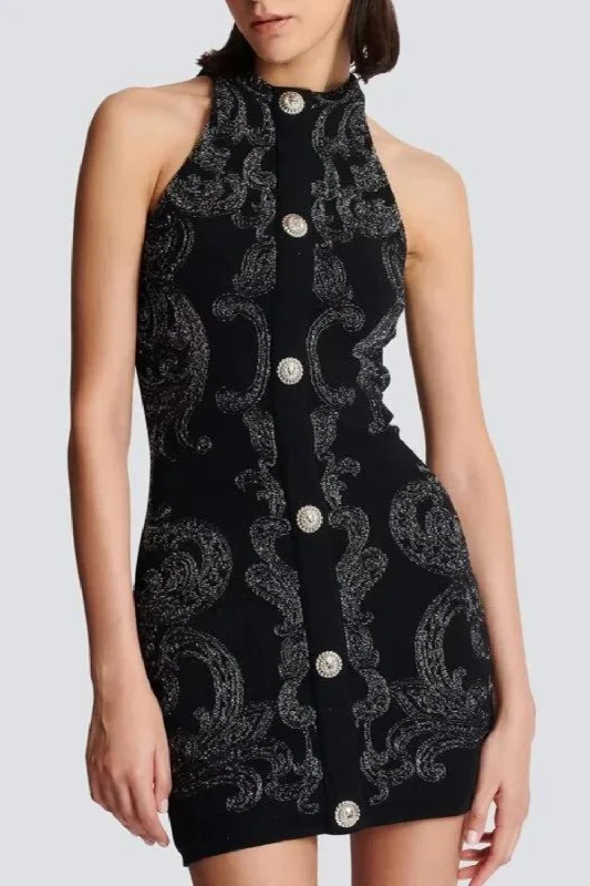 Price Cut Jacquard Knit Mini Dress Women Gold Button Sleeveless Package Hip Dress