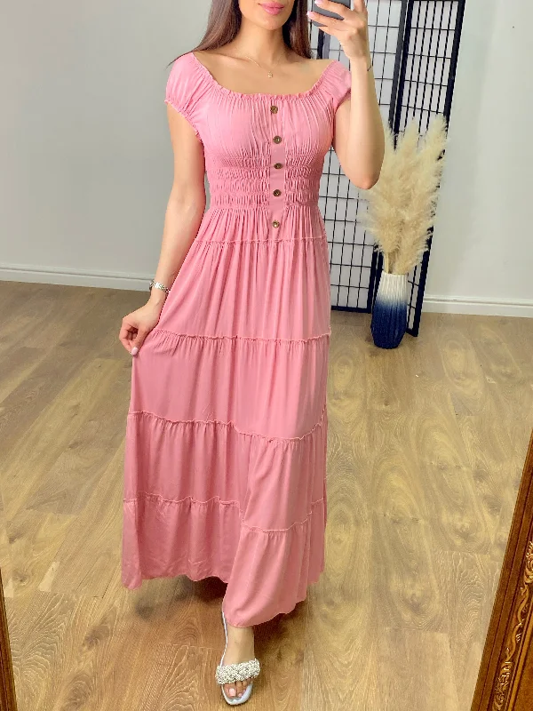 New Markdowns Vernazza Ruched Button Detail Maxi dress