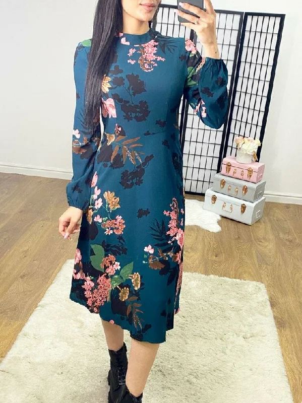 Epic Deals Larsen Dark Teal Floral Print Swing Dress