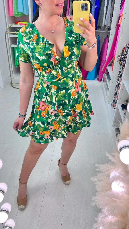 Friends and Family Sale Giusy Emerald Floral Print Ruffle Mini Dress