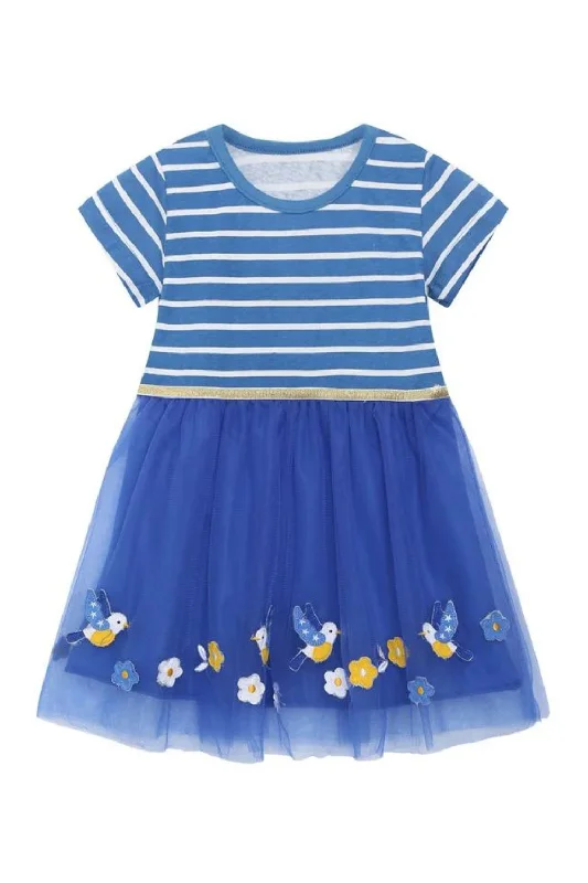 Quick Sale Princess Girls Dresses Birds Applique Stripe Short Sleeve Children's Costume Quick Sale Princess Girls Dresses Birds Applique Stripe Short Sleeve Children's Costume