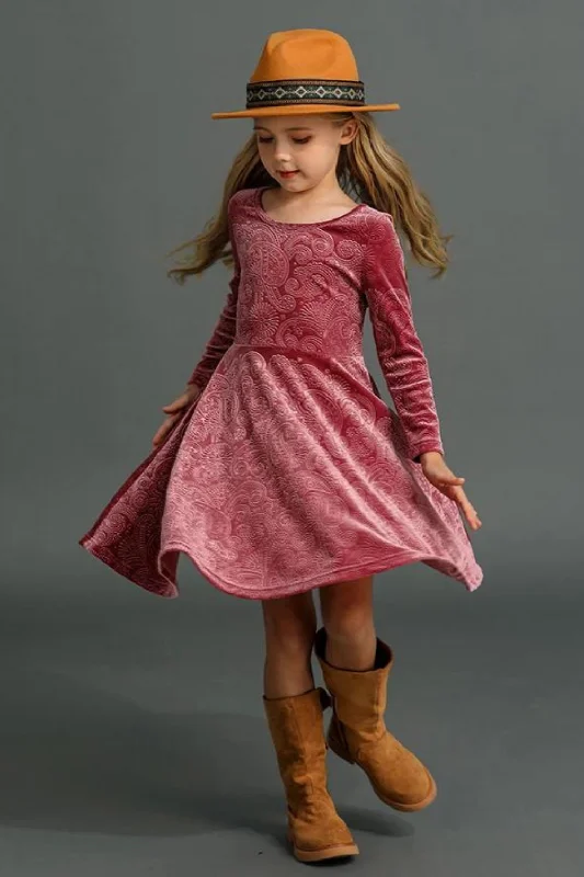 Early Access Winter and Autumn Velvet Embossed Dress for Preschool Girls Long Sleeve Swing Twist