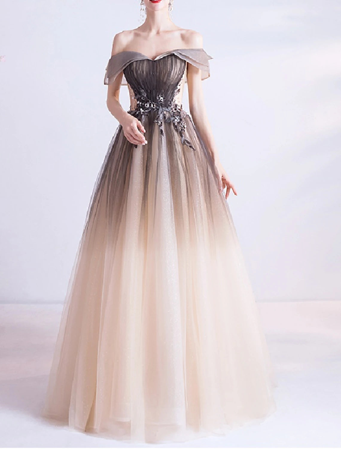 Flash Sale Ball Gown Princess Prom Dress Off Shoulder Sleeveless Floor Length Tulle with Crystals Appliques