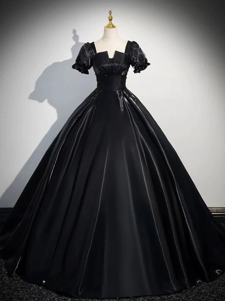 Bonus Savings A-Line Satin Black Long Prom Dress Quinceanera Dress