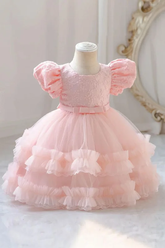 Extra Discounts Summer Kids Girl Party Dress Short Puff Sleeves Birthday Round Collar Children Wedding Flower Fluffy Formal Dresses