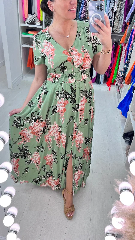 Now or Never Odetta Sage Floral Print Maxi Dress