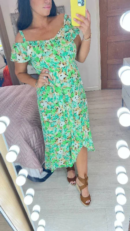 Final Markdown Hancie Floral Print Frill Bardot Strap Dress