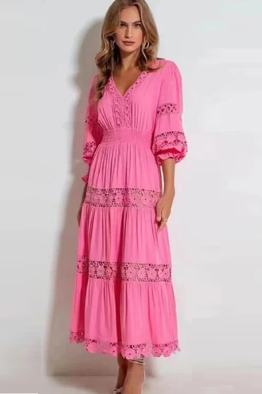 Final Markdown Women Embroidery Flower Lace Patchwork Midi Long Party Dresses Lantern Sleeve Chic