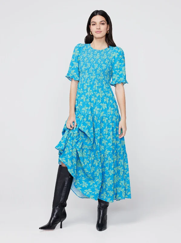 Final Clearance Gracie Blue Vintage Leaf Print Shirred Dress