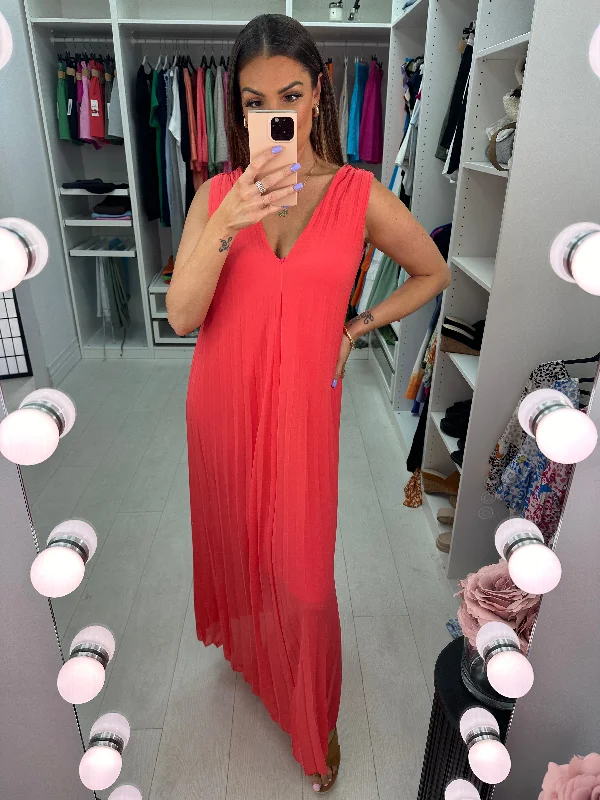 Act Fast Rosalita V Neck Pleated Maxi Dress