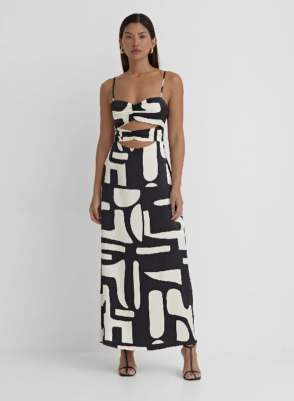 Markdowns Abstract Print Satin Cut Out Detail Dress- Debora