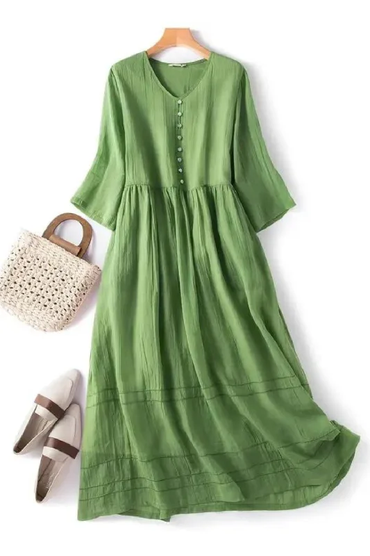 Great Deals Elegant Solid Maxi Dress Women Vintage Short Sleeve Dress Summer Casual Sundress Loose Pocket Long Dress