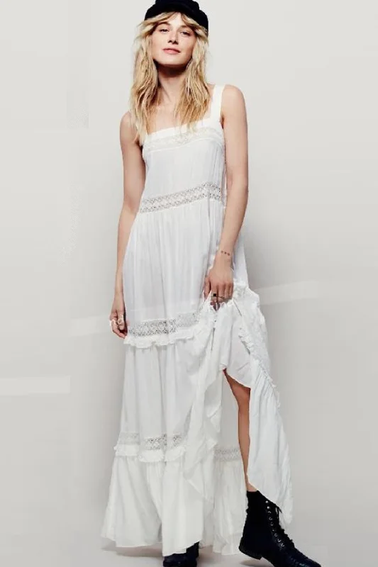 Sneak Peek Sale Women Summer Solid White Bohemian Lace Patchwork Casual Maxi Long Dress Lady Sundresses Beach Style