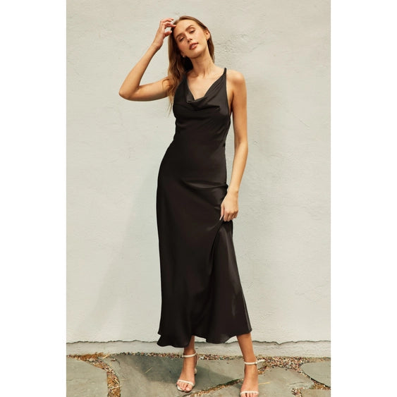 Deep Discounts Twist Cowl Back Satin Maxi Dress | Black