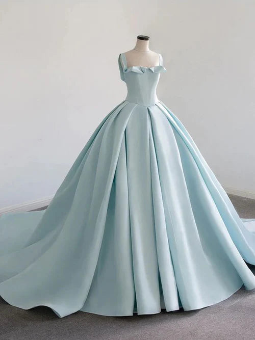 Mega Sale Light Blue Satin Long Ball Gown Quinceanera Dresses Princess Dress