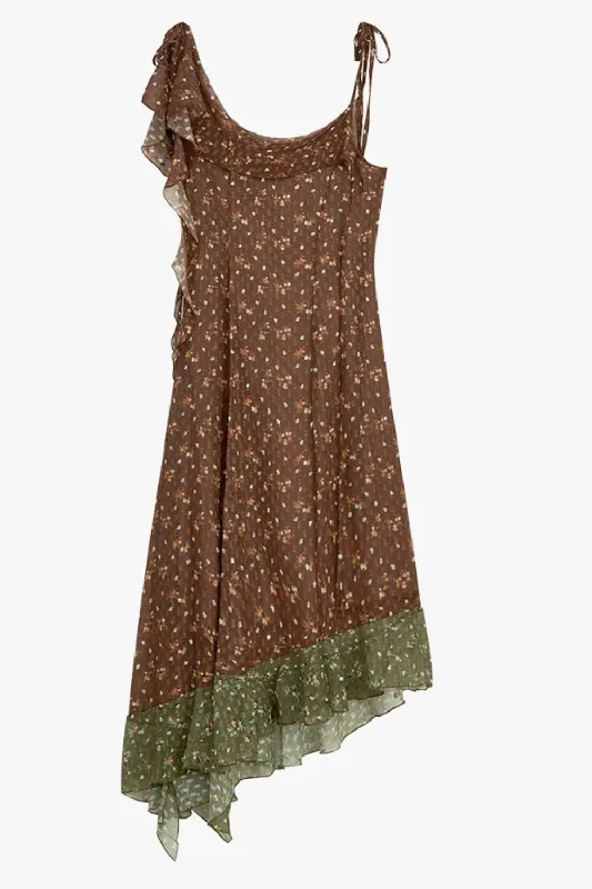 Clearance Sale Classical Floral Dress Ruffle Sleeveless Elegant Casual Brown Spaghetti Strap Dress Clearance Sale Classical Floral Dress Ruffle Sleeveless Elegant Casual Brown Spaghetti Strap Dress