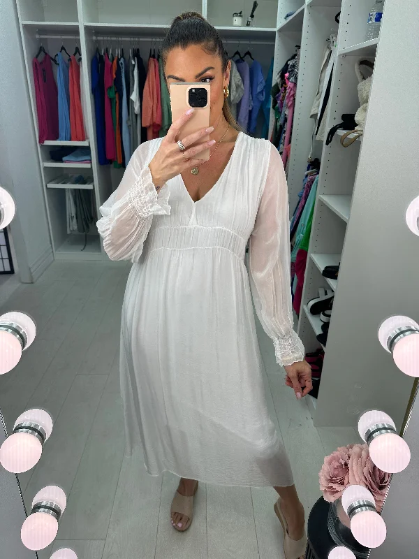 Limited Availability Roseeta Silk Sheer Sleeve V Neck Dress