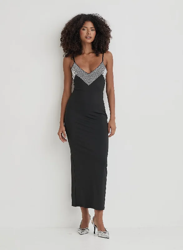 Super Deal Black Embellished Trim Maxi Dress- Sofie