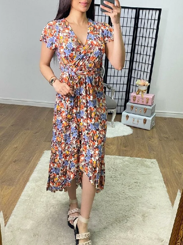Best Deals Chrystal Floral Print Frill Hem Dip Hem Dress