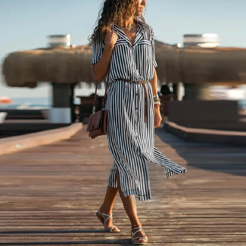 Amazing Deals Women's Casual Striped Long Dress With Buttons
