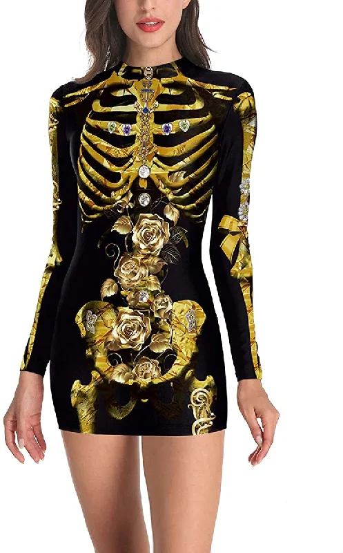Flash Sale New Women Skull Gold Black Printed Dress 3D Print Mini Long Sleeve Fashion Casual Cosplay Costume Dress