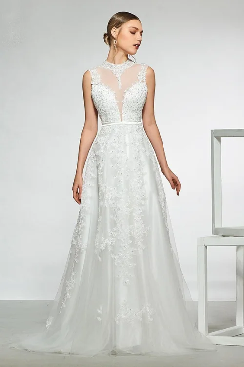 Savings Bonanza Elegant high neck a line appliques sleeveless beading hollow wedding dress Savings Bonanza Elegant high neck a line appliques sleeveless beading hollow wedding dress