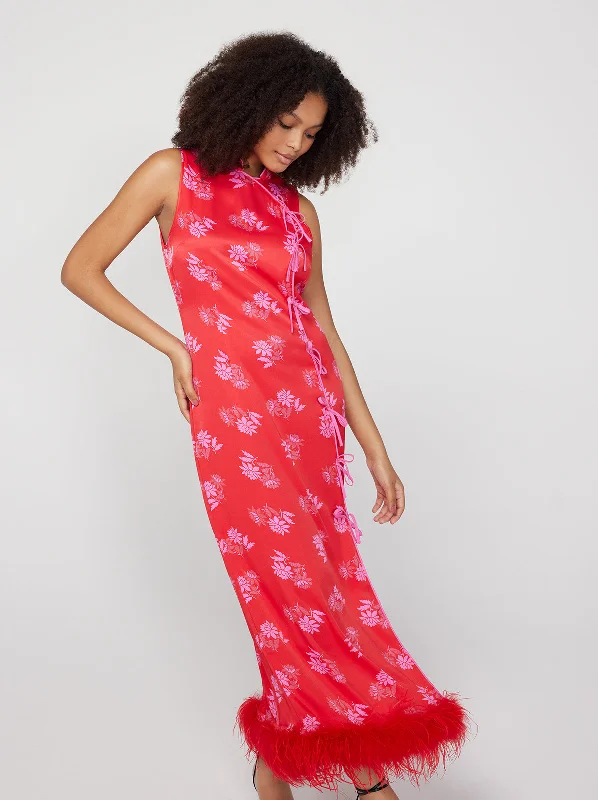 Midnight Sale Myla Red Floral Feather Midi Dress