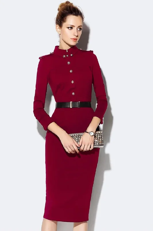 Loyalty Reward Vintage Elegant Button Decorative Slim Office Lady Knee Length Work Dresses Solid Casual