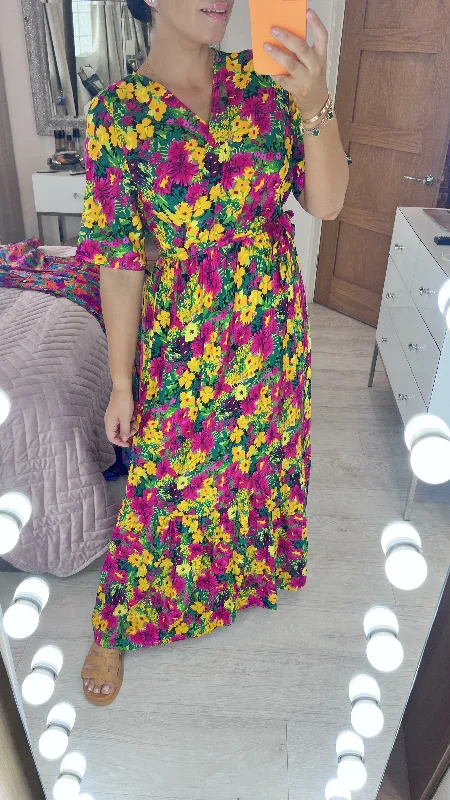Massive Deals Devina Yellow Floral Print Wrap Front Maxi Dress