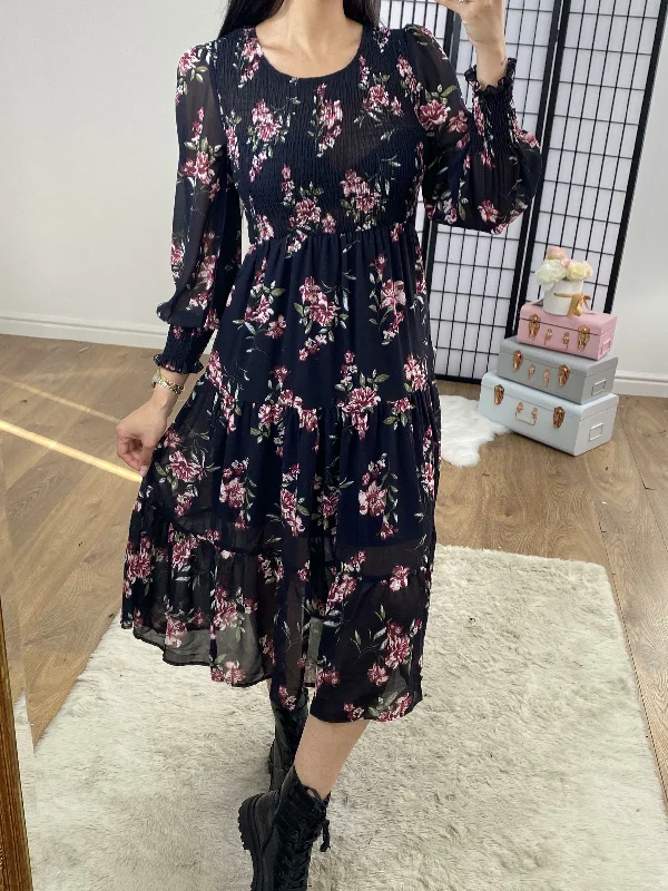 Markdowns Liya Dark Navy Floral Elasticated Tiered Midi Dress