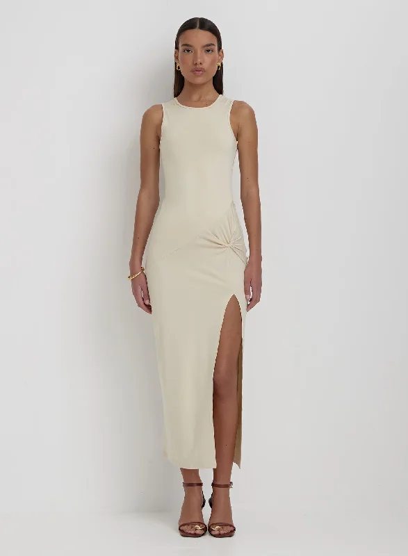 Steals and Deals Cream Slinky Side Split Maxi Dress- Lorena