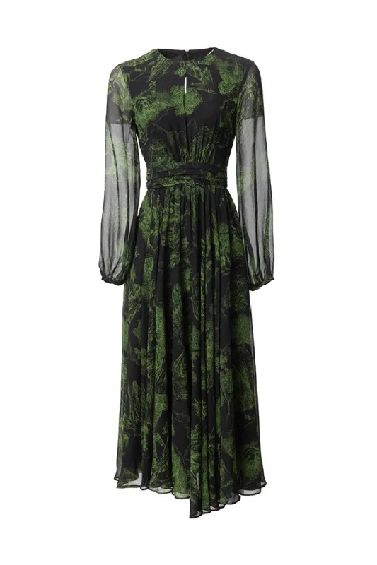 Limited Time Women Round Neck Lantern Long-Sleeved Pleated Scenery Dress