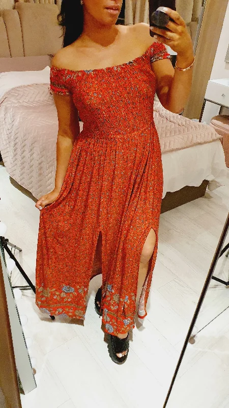Overstock Lively Floral Bardot Elasticated Split Maxi Dress