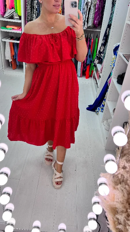 Price Meltdown Danita Dobby Ruffle Bardot  Midi Dress