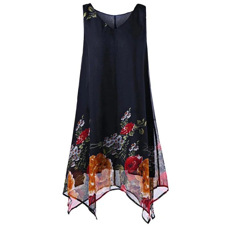 Extra Savings Women's Summer Casual Chiffon Sleeveless Floral V-Neck Dress